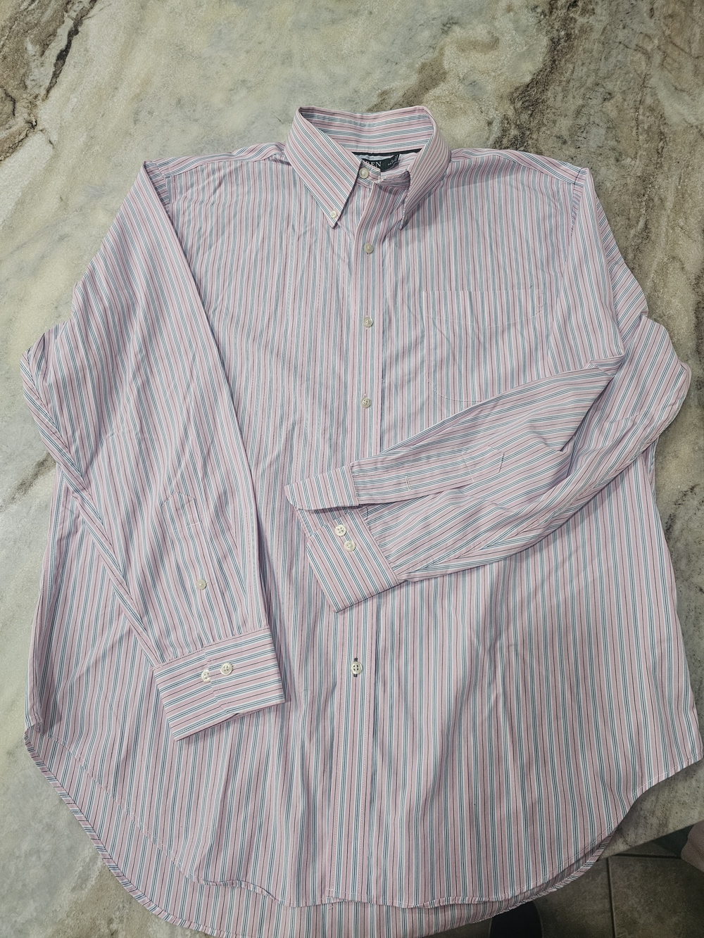 Lauren Ralph Lauren Dress Shirt Men’s 17 34/35 Pink Blue Stripe Non Iron Stretch